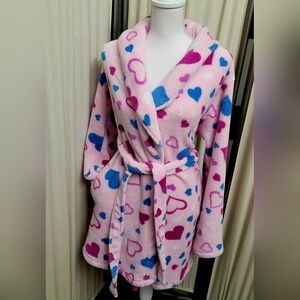 Cozy Pink Heart Patterned Fluffy Women's Robe w/Pockets | Size Medium